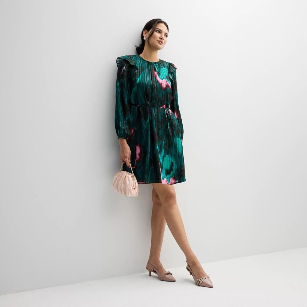 Nine West Dress Petite XS Green  Mini Women's Floral Ruffle Sleeve Lurex NWT